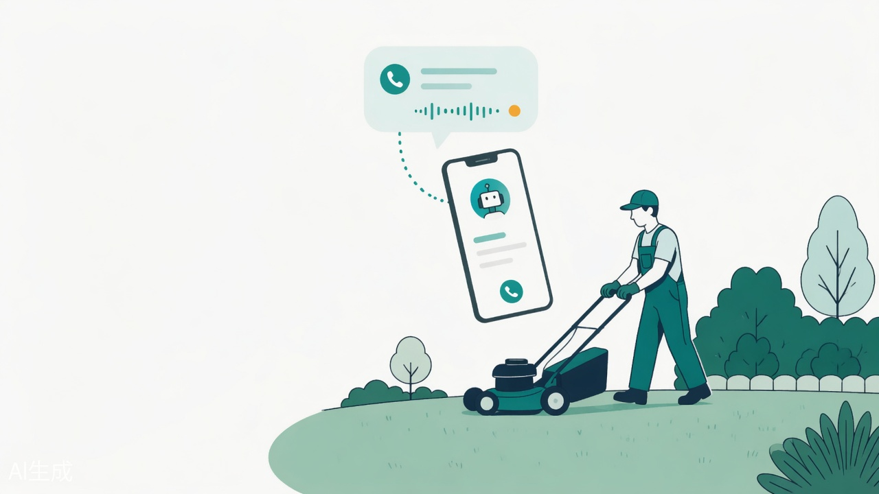 Landscaper on a residential lawn with phone answered while mowing