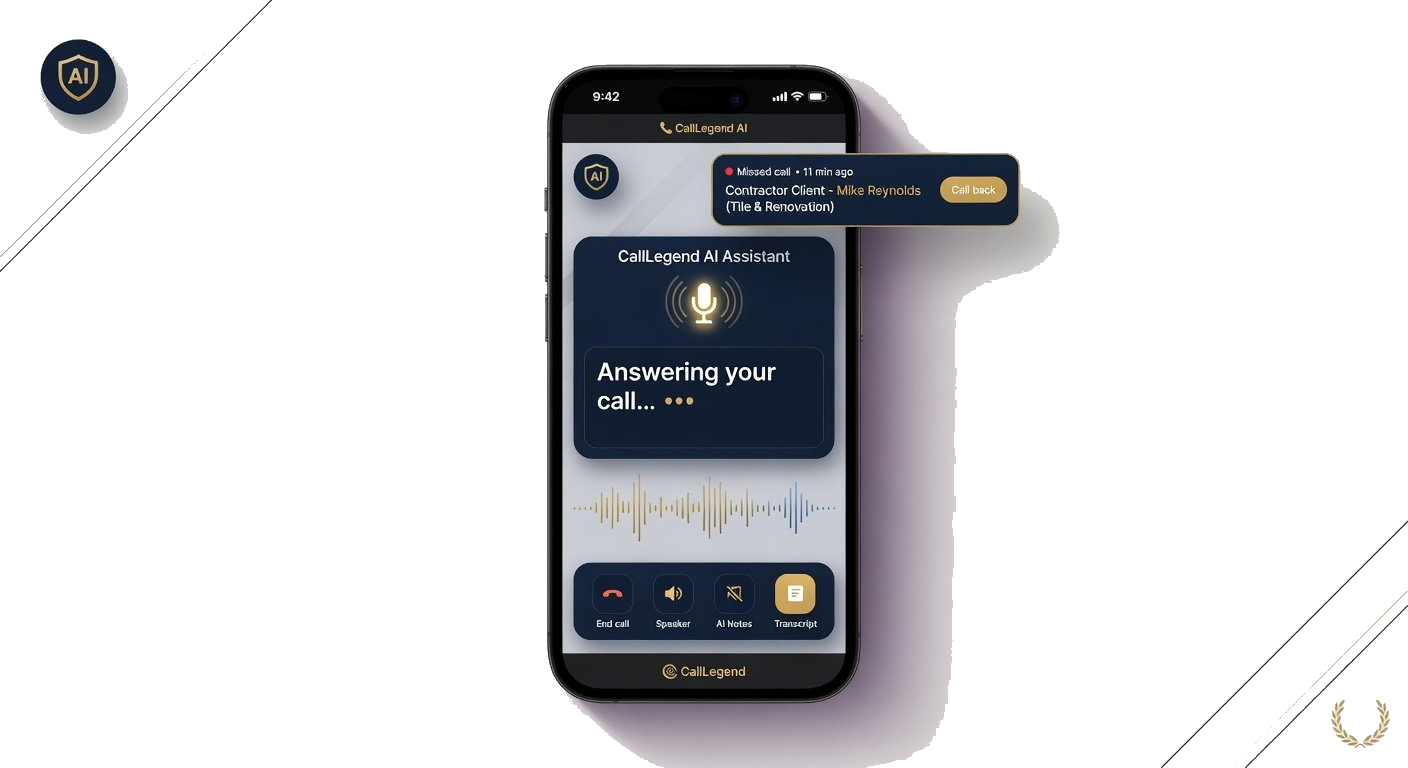 CallLegend AI assistant answering a missed call from contractor client Mike Reynolds in real time while the contractor stays on the job site