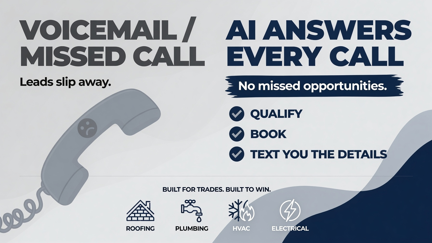 Voicemail vs AI answering every call — qualify, book, and text you the details. Built for trades.