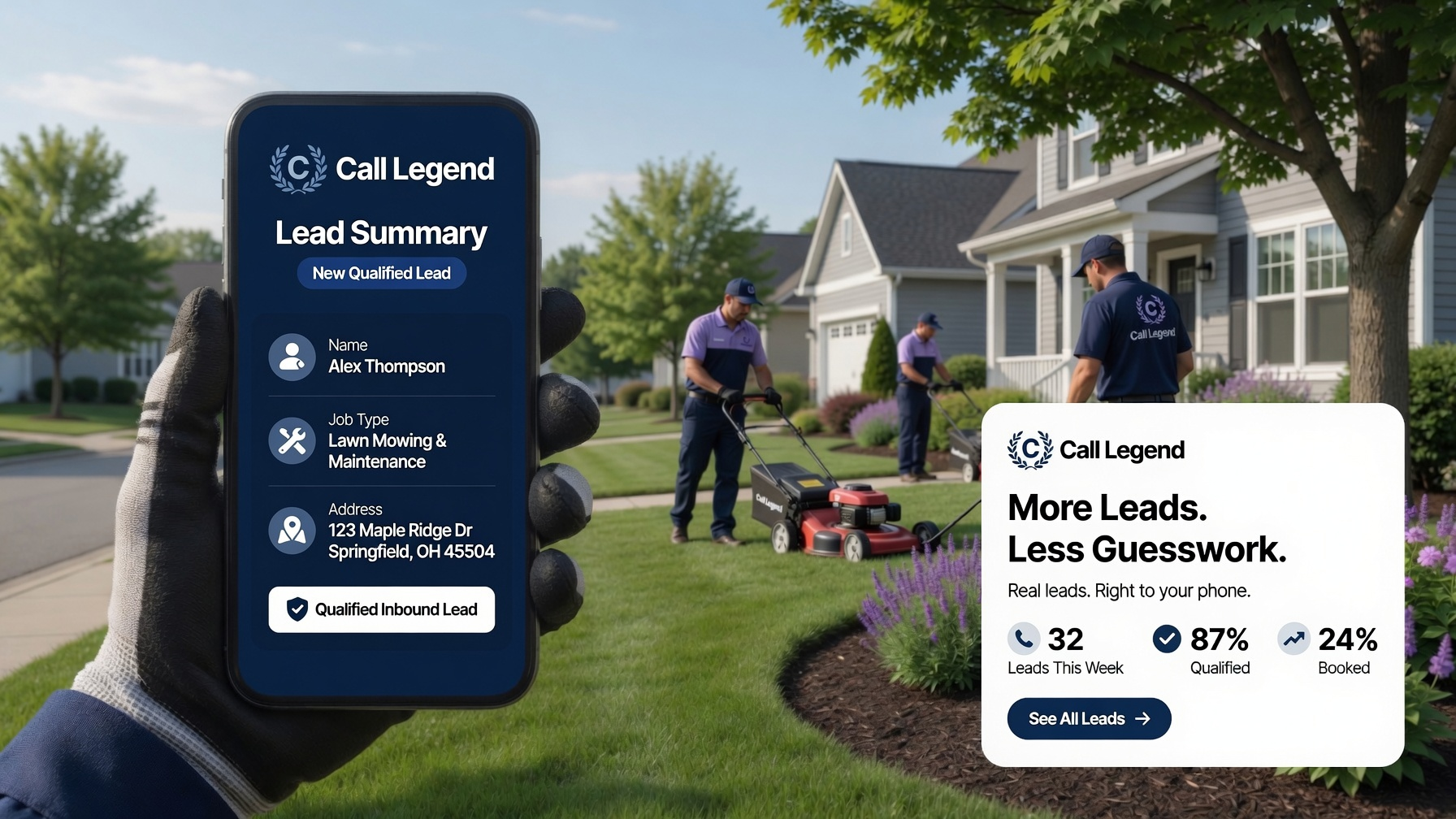 Contractor checking phone — 32 leads, 87% qualified, 24% booked